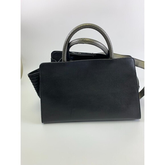 Zac Posen Satchel Purse Black Leather Fur Stripes Tote Crossbody Strap Snap - Picture 4 of 16